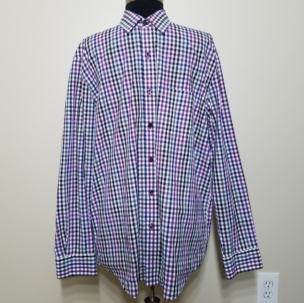 Tasso Elba Navy Purple Gingham Plaid Button Shirt